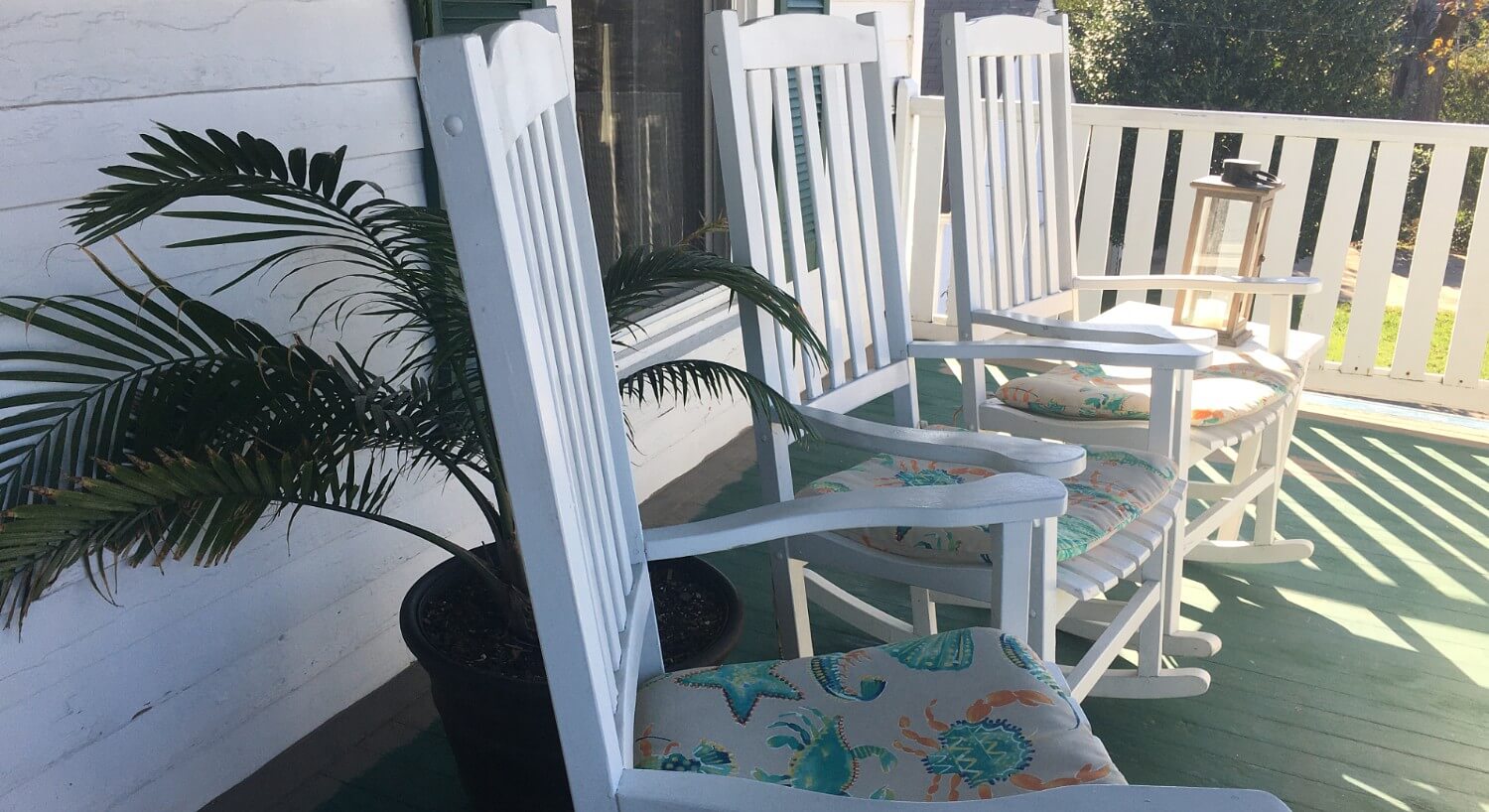 Row of white rocking chairs with pads on a sunshine-filled porch. 